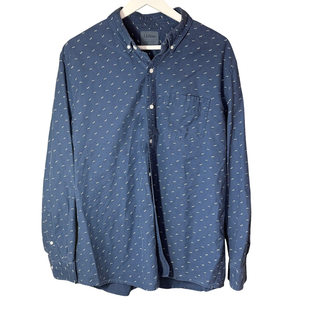 L.L.‎ Bean Mens Button Down Fly Fishing Print Shirt Blue White SZ L REG
